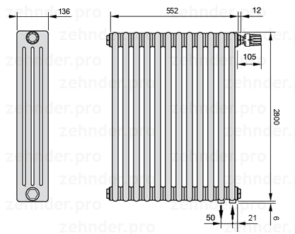 Схема (чертеж) Радиатор Zehnder Charleston 4280/12 №V002 Белый глянцевый RAL 9016